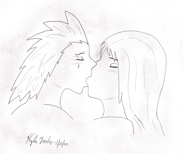 Karter and Axel kiss (black and white)
